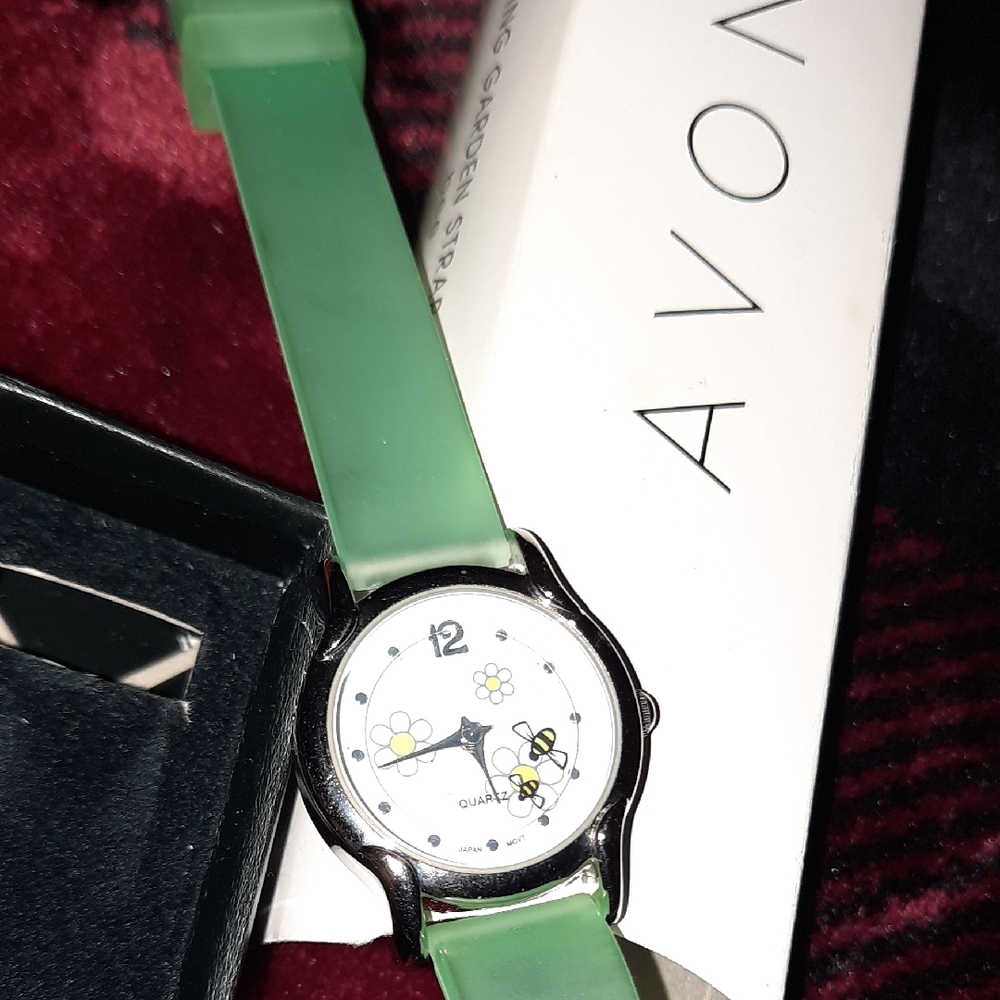 Avon SPRING TIME Floral Green Watch Moving Bee 🐝 2nd Hand Silver Jelly Band 🌼